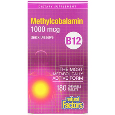 Витамины Natural Factors Витамин B12 Methylcobalamin 1000 mcg 180 жевательных таблеток